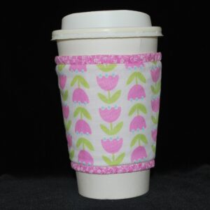 Pink tulips with blue dots & mint green leaves on white