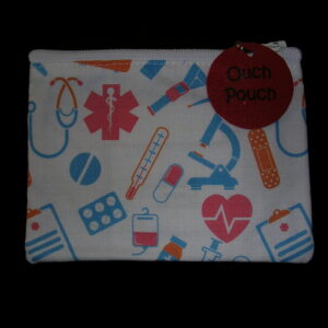 Orange, blue, red medical equip. on white